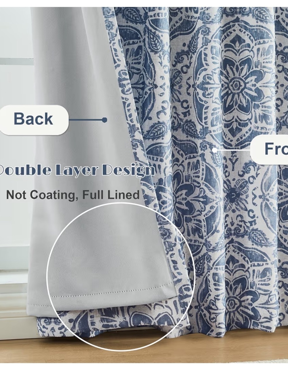 Blue Medallion Linen Curtains -069 - Picture 5 of 6